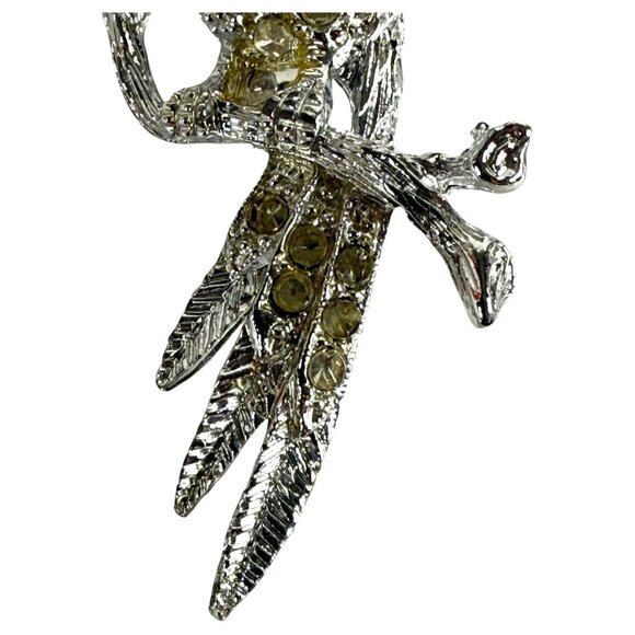 Rhinestone Bird On Tree Branch Brooch Pin With Red Eye & Silver Finish - Picture 3 of 7